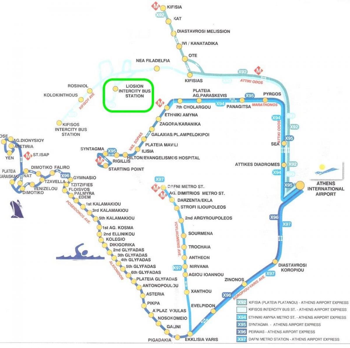 kaart van liosion busstation Athene 