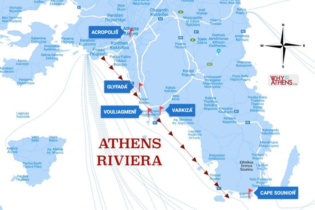 kaart van de atheense rivièra
